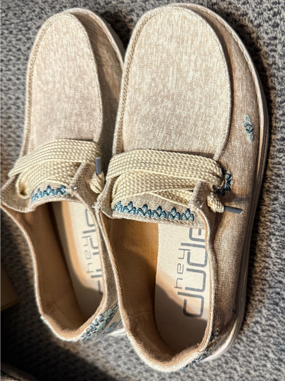 Hey Dude Beige Canvas women Sneakers with Blue Embroidery